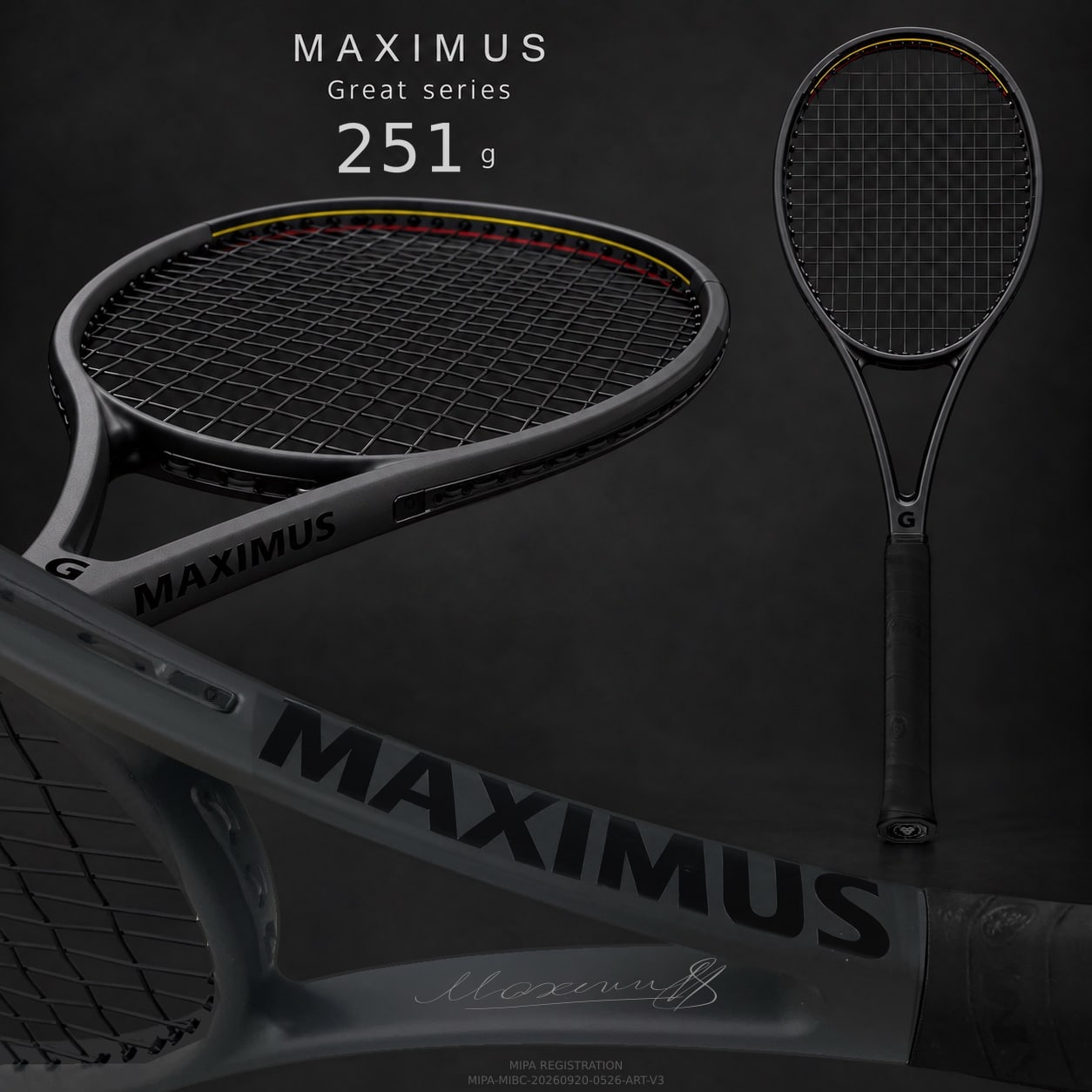 Serie MAXIMUS Great — 251 g, bilanciamento 340 mm: visualizzazione completa con la fascia delle specifiche, la zona di incisione per la personalizzazione e la marcatura MIPA