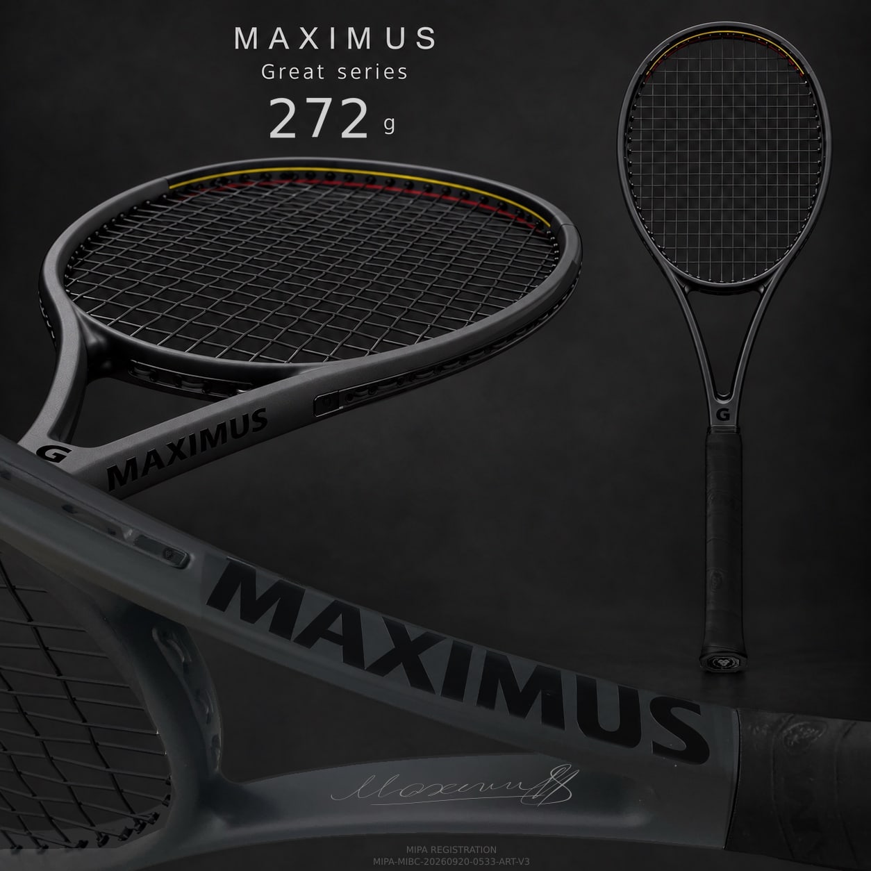 Serie MAXIMUS Great — 272 g, bilanciamento 337 mm: visualizzazione completa con la fascia delle specifiche, la zona di incisione per la personalizzazione e la marcatura MIPA