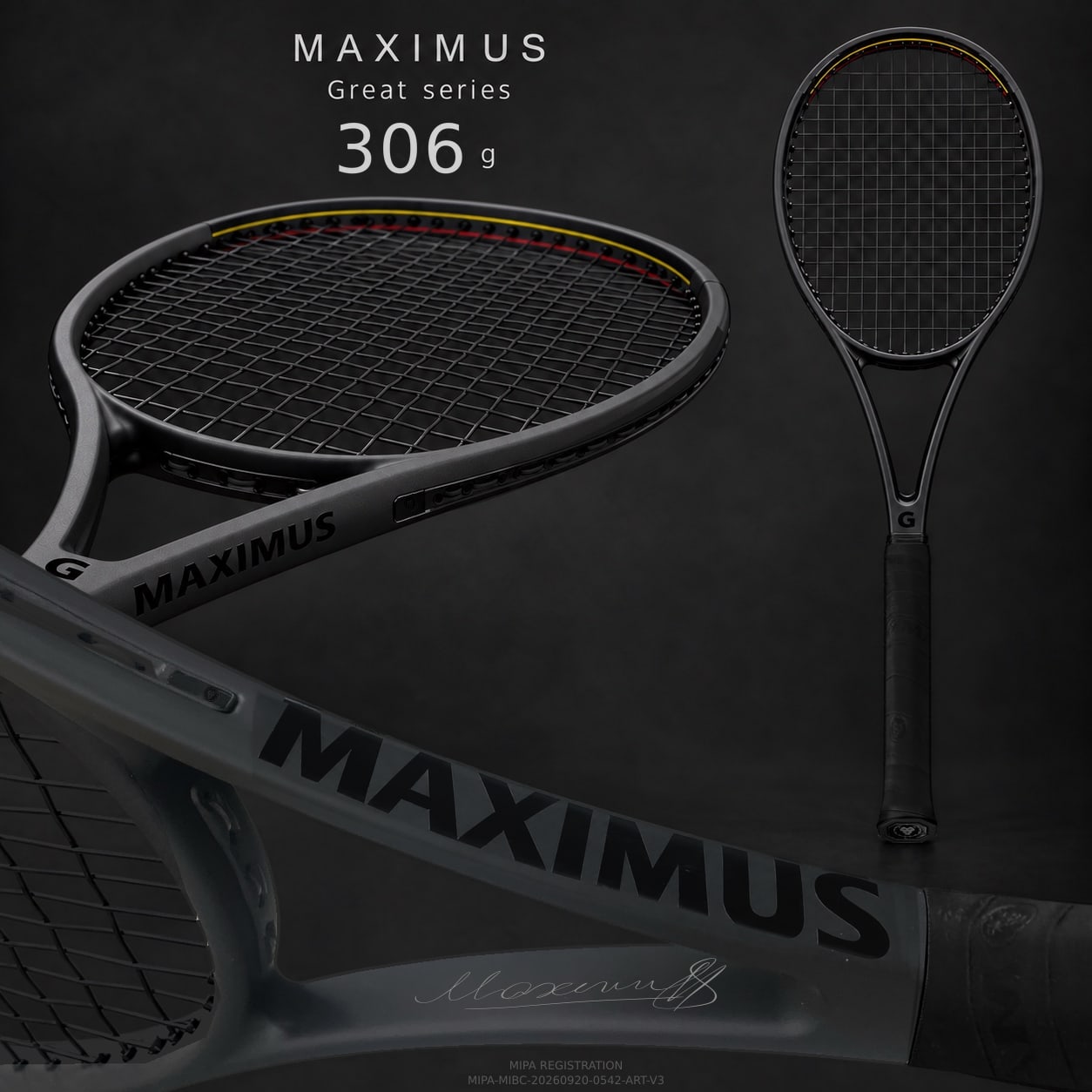 Serie MAXIMUS Great — 306 g, bilanciamento 331 mm: visualizzazione completa con la fascia delle specifiche, la zona di incisione per la personalizzazione e la marcatura MIPA