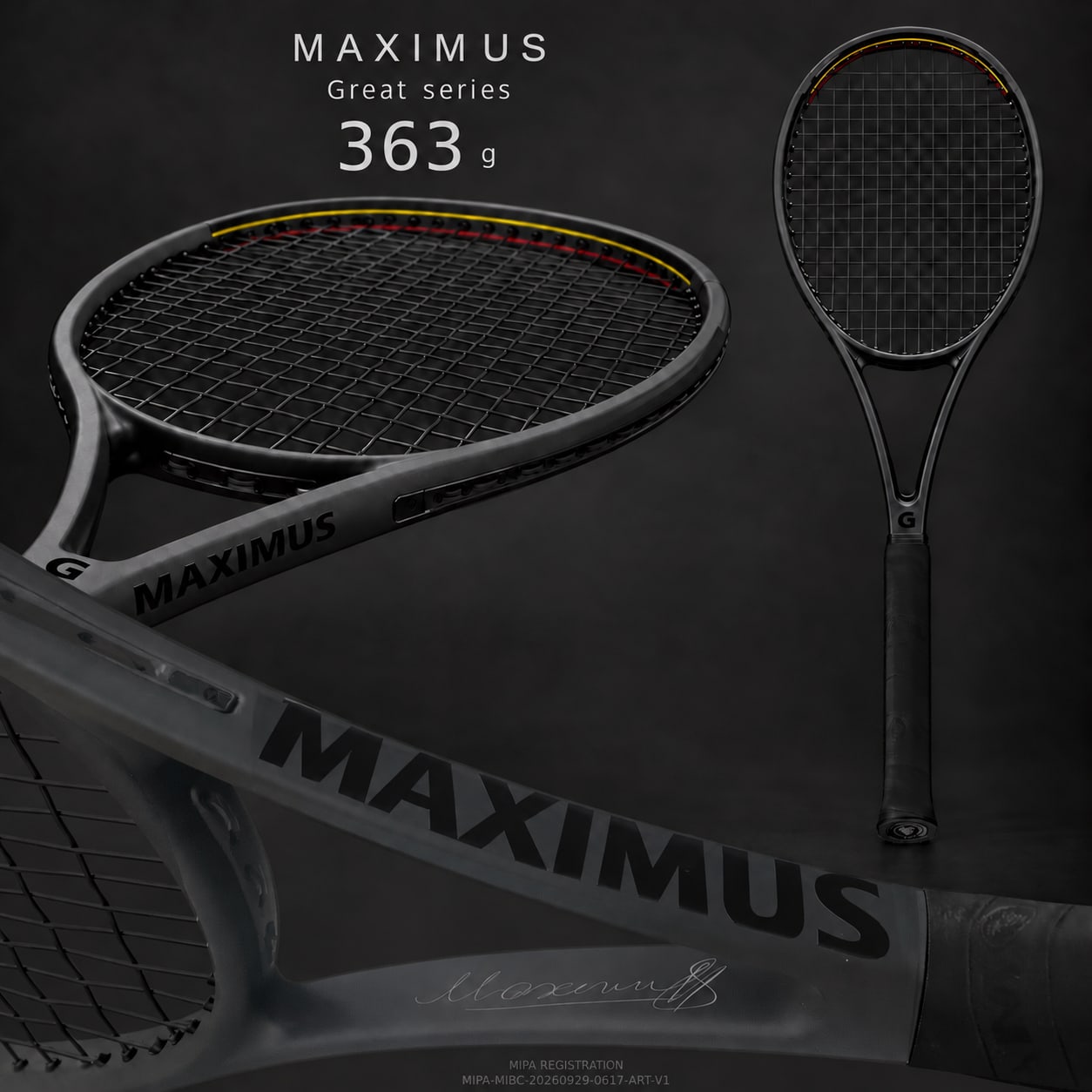 Serie MAXIMUS Great — 363 g, bilanciamento 322 mm: visualizzazione completa con la fascia delle specifiche, la zona di incisione per la personalizzazione e la marcatura MIPA