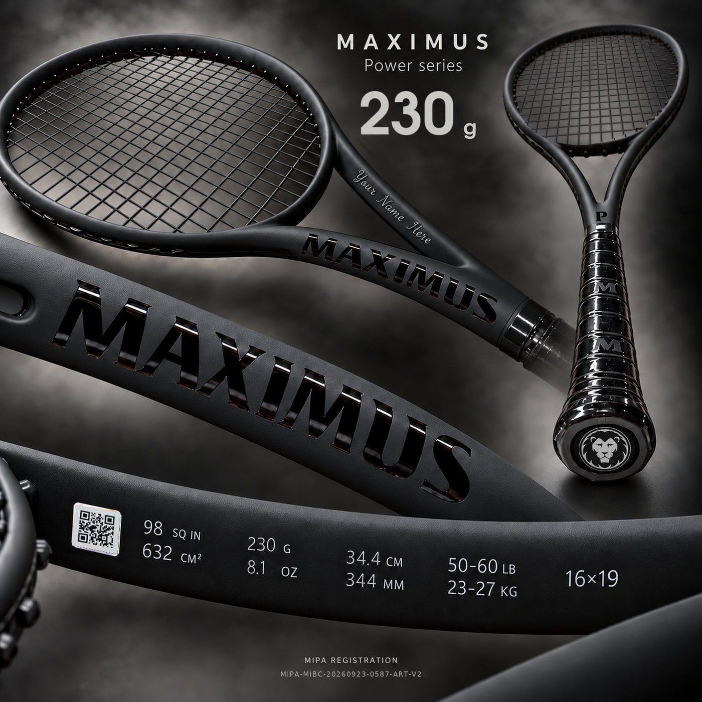 Serie MAXIMUS Power — 230 g, Balance 344 mm: vollständige Visualisierung mit Spezifikationsleiste, Zone der Personalisierungsgravur und MIPA-Kennzeichnung