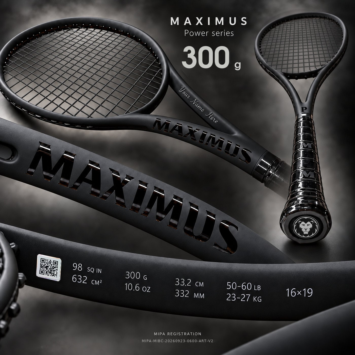 Serie MAXIMUS Power — 300 g, Balance 332 mm: vollständige Visualisierung mit Spezifikationsleiste, Zone der Personalisierungsgravur und MIPA-Kennzeichnung