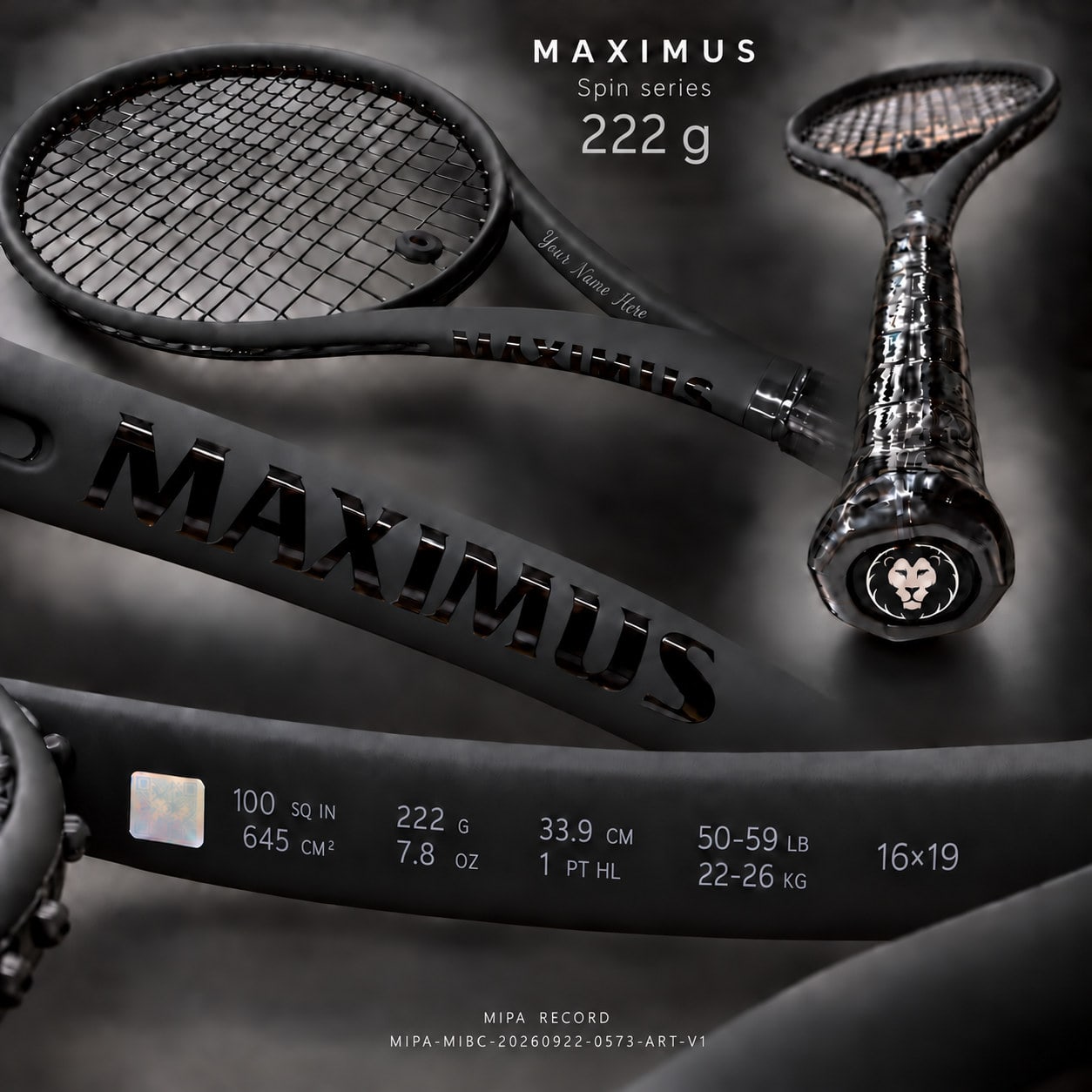 Serie MAXIMUS Spin — 222 g, balance 339 mm: visualización completa con la franja de especificación, la zona de grabado de personalización y la marca MIPA