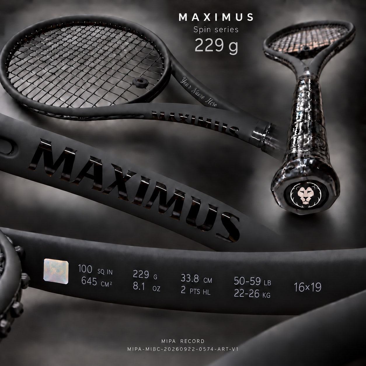 Serie MAXIMUS Spin — 229 g, balance 338 mm: visualización completa con la franja de especificación, la zona de grabado de personalización y la marca MIPA