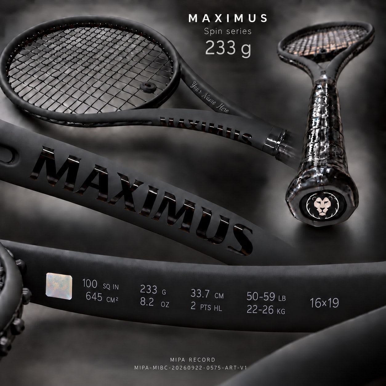 Serie MAXIMUS Spin — 233 g, balance 337 mm: visualización completa con la franja de especificación, la zona de grabado de personalización y la marca MIPA