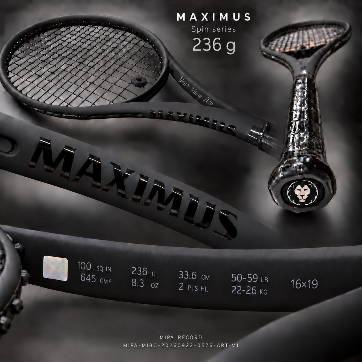 Serie MAXIMUS Spin — 236 g, balance 336 mm: visualización completa con la franja de especificación, la zona de grabado de personalización y la marca MIPA