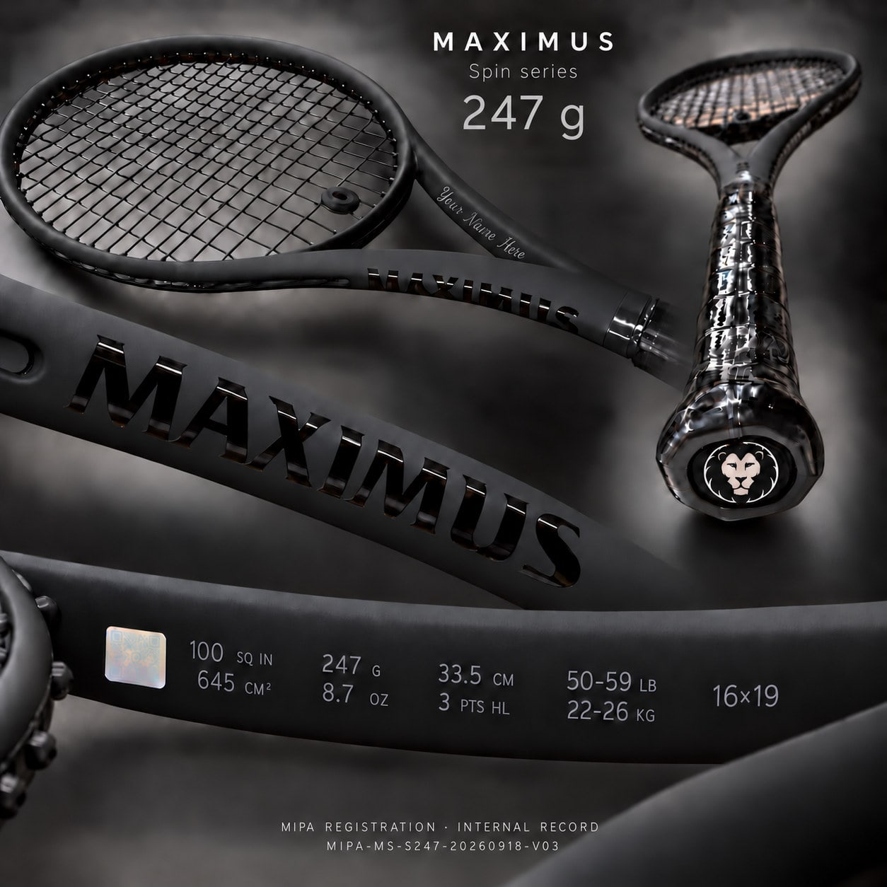 Serie MAXIMUS Spin — 247 g, balance 335 mm: visualización completa con la franja de especificación, la zona de grabado de personalización y la marca MIPA