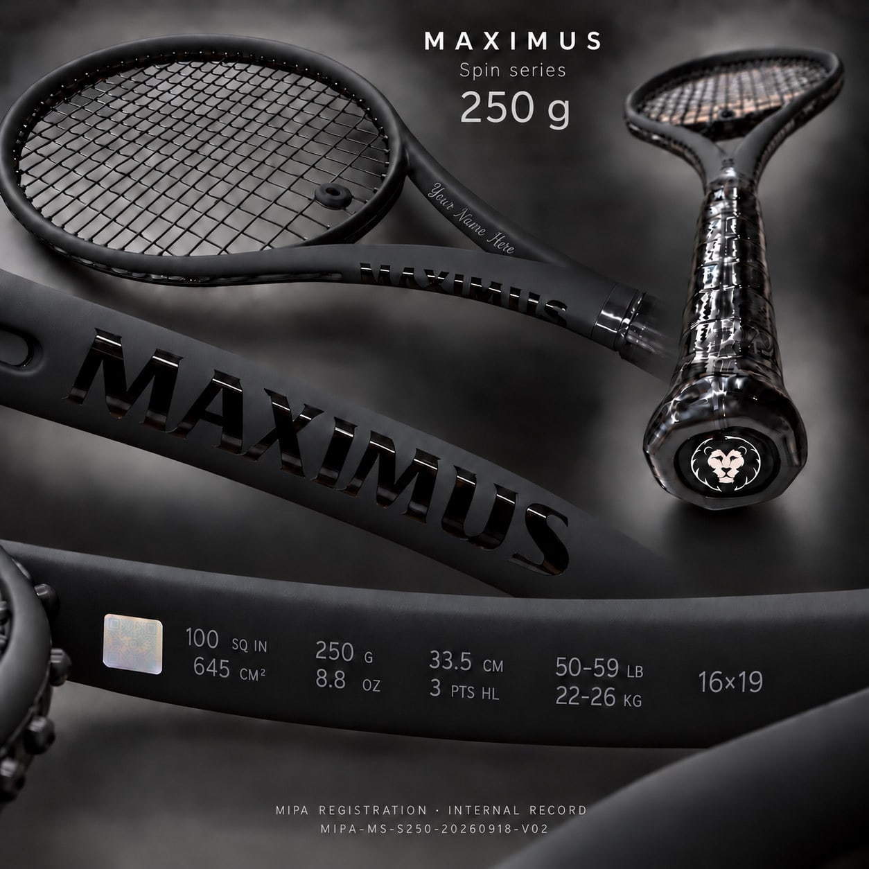 Serie MAXIMUS Spin — 250 g, balance 335 mm: visualización completa con la franja de especificación, la zona de grabado de personalización y la marca MIPA