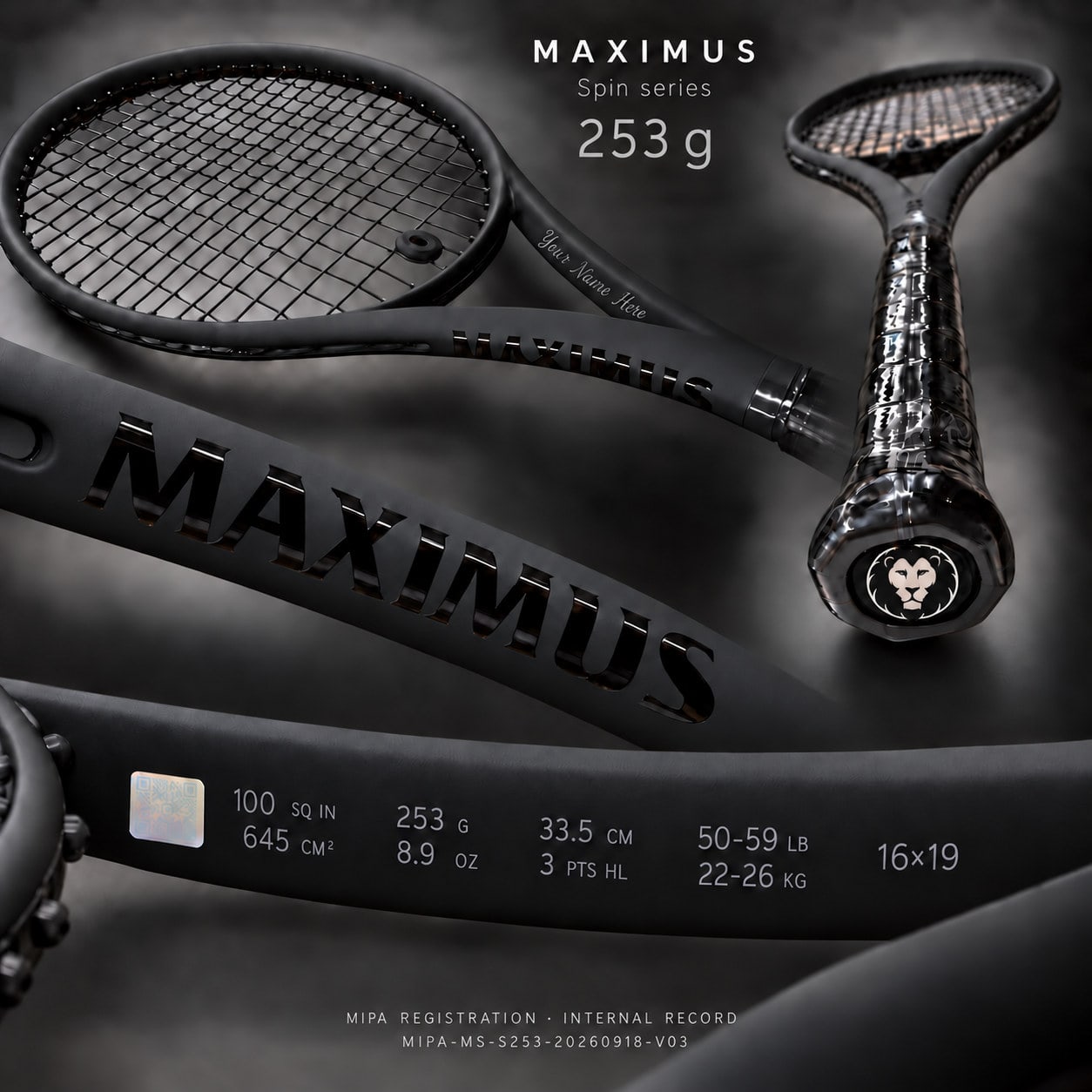 Serie MAXIMUS Spin — 253 g, balance 335 mm: visualización completa con la franja de especificación, la zona de grabado de personalización y la marca MIPA