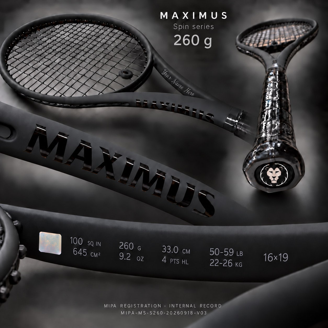 Serie MAXIMUS Spin — 260 g, balance 330 mm: visualización completa con la franja de especificación, la zona de grabado de personalización y la marca MIPA