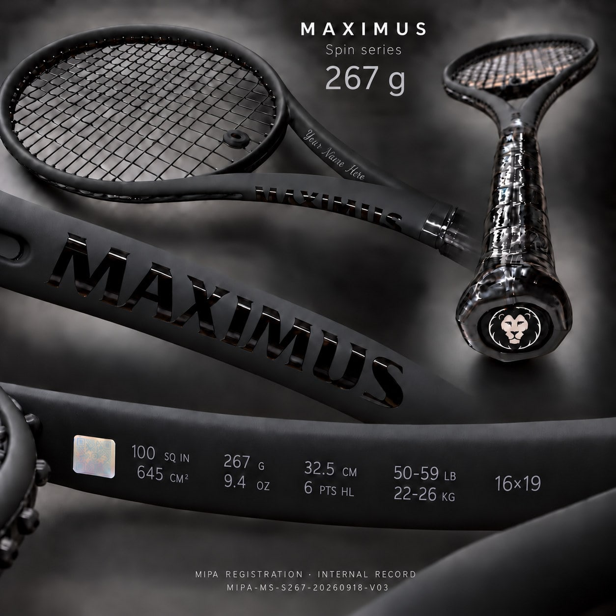 Serie MAXIMUS Spin — 267 g, balance 325 mm: visualización completa con la franja de especificación, la zona de grabado de personalización y la marca MIPA