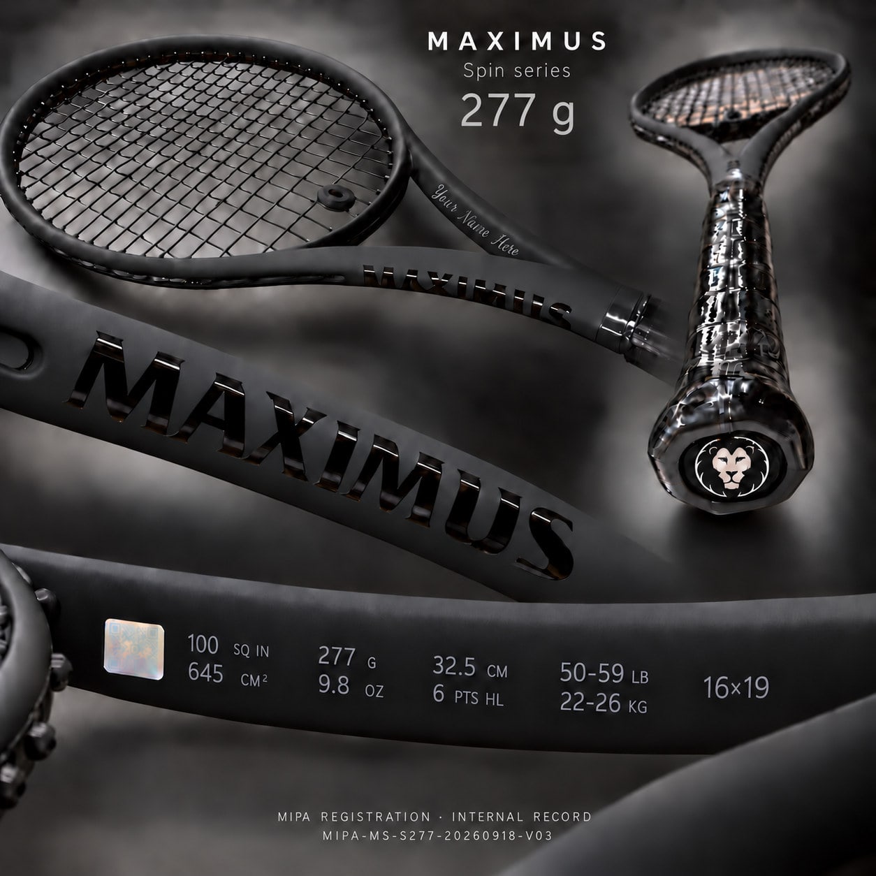 Serie MAXIMUS Spin — 277 g, balance 325 mm: visualización completa con la franja de especificación, la zona de grabado de personalización y la marca MIPA