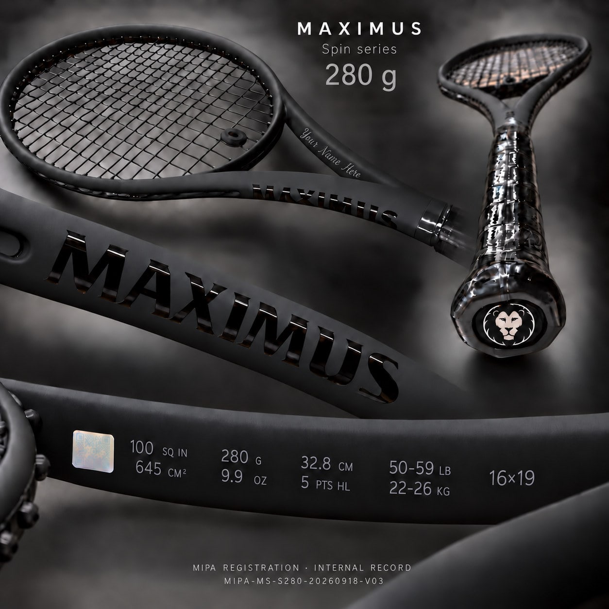 Serie MAXIMUS Spin — 280 g, balance 328 mm: visualización completa con la franja de especificación, la zona de grabado de personalización y la marca MIPA