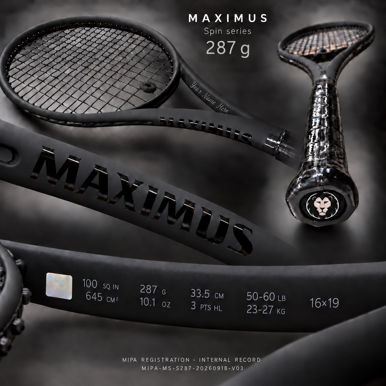 Serie MAXIMUS Spin — 287 g, balance 335 mm: visualización completa con la franja de especificación, la zona de grabado de personalización y la marca MIPA