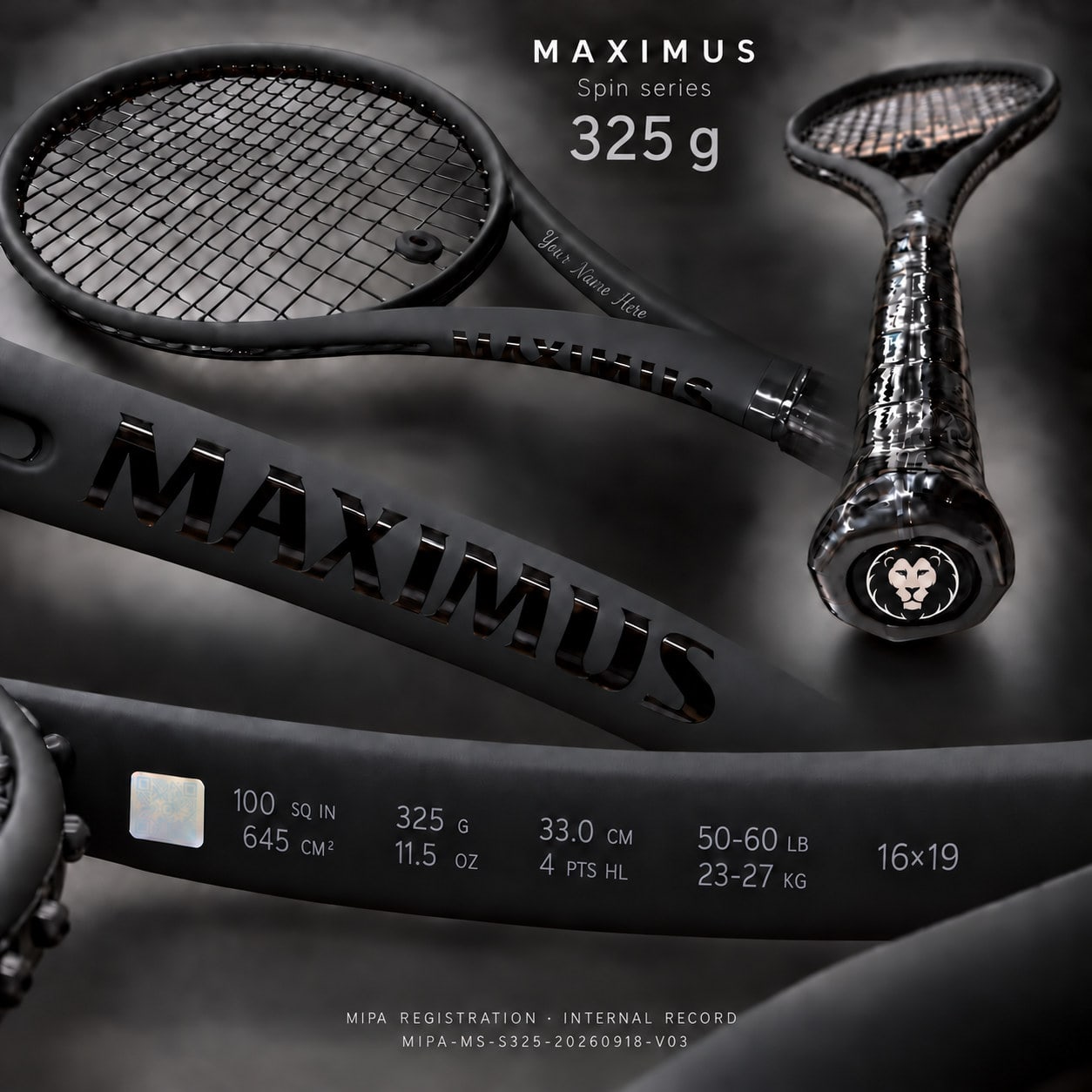 Serie MAXIMUS Spin — 325 g, balance 330 mm: visualización completa con la franja de especificación, la zona de grabado de personalización y la marca MIPA