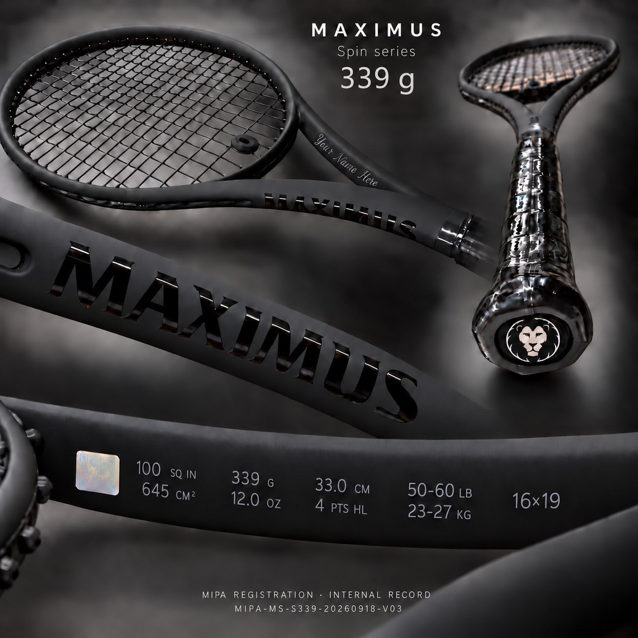 Serie MAXIMUS Spin — 339 g, balance 330 mm: visualización completa con la franja de especificación, la zona de grabado de personalización y la marca MIPA