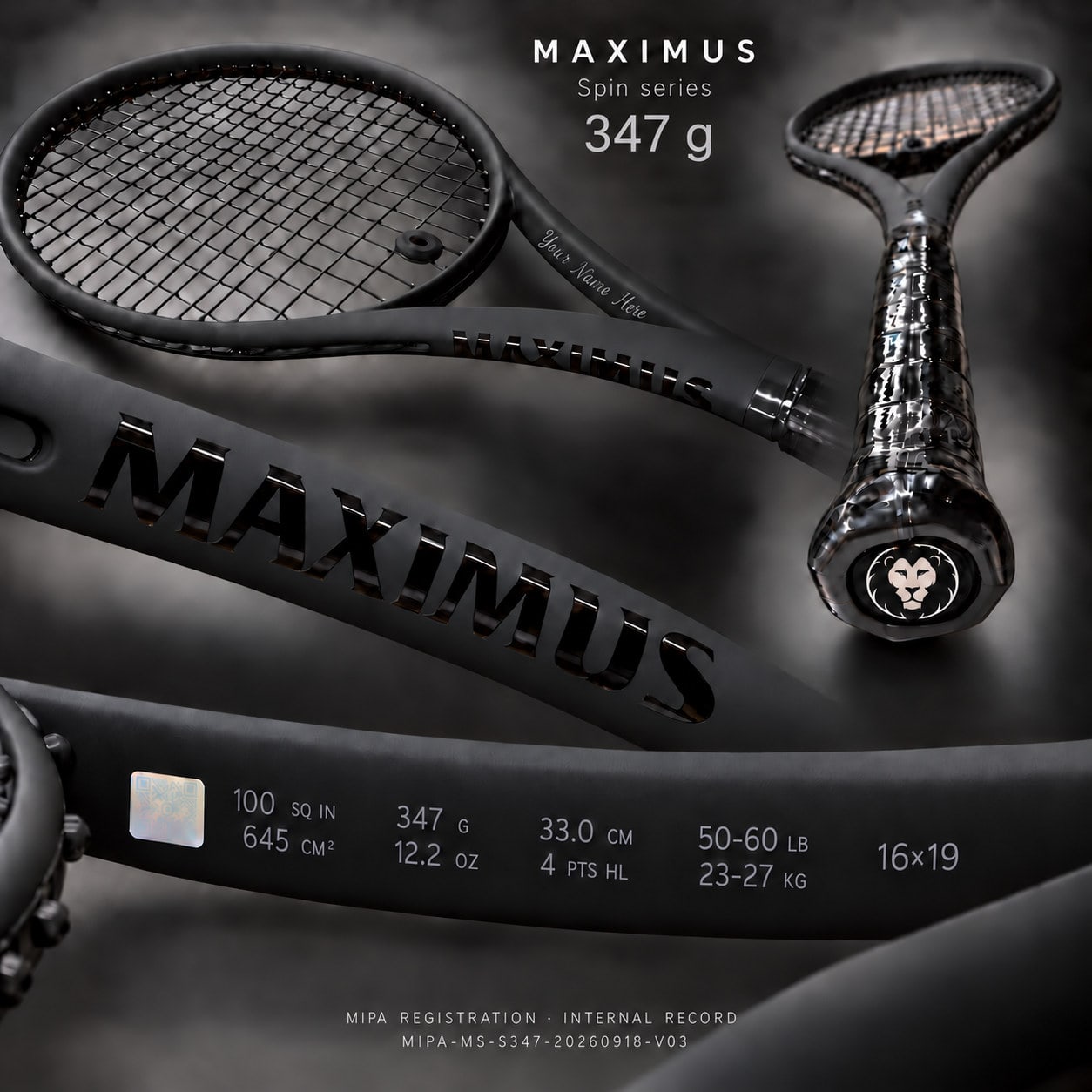 Serie MAXIMUS Spin — 347 g, balance 330 mm: visualización completa con la franja de especificación, la zona de grabado de personalización y la marca MIPA