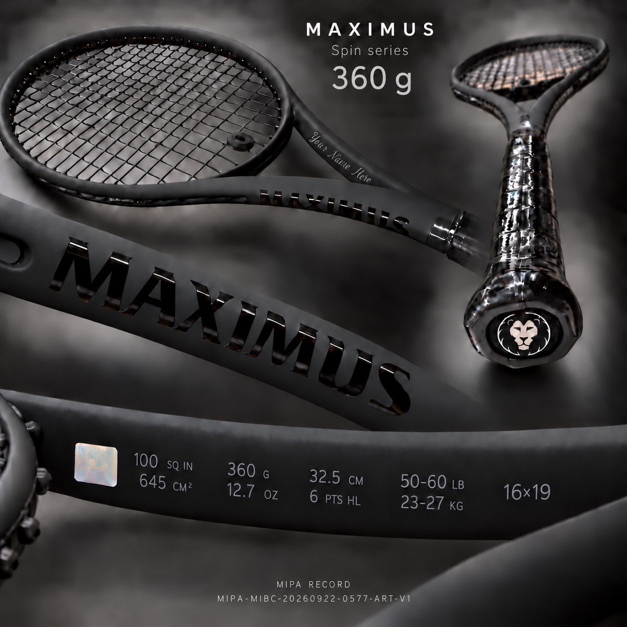 Serie MAXIMUS Spin — 360 g, balance 325 mm: visualización completa con la franja de especificación, la zona de grabado de personalización y la marca MIPA
