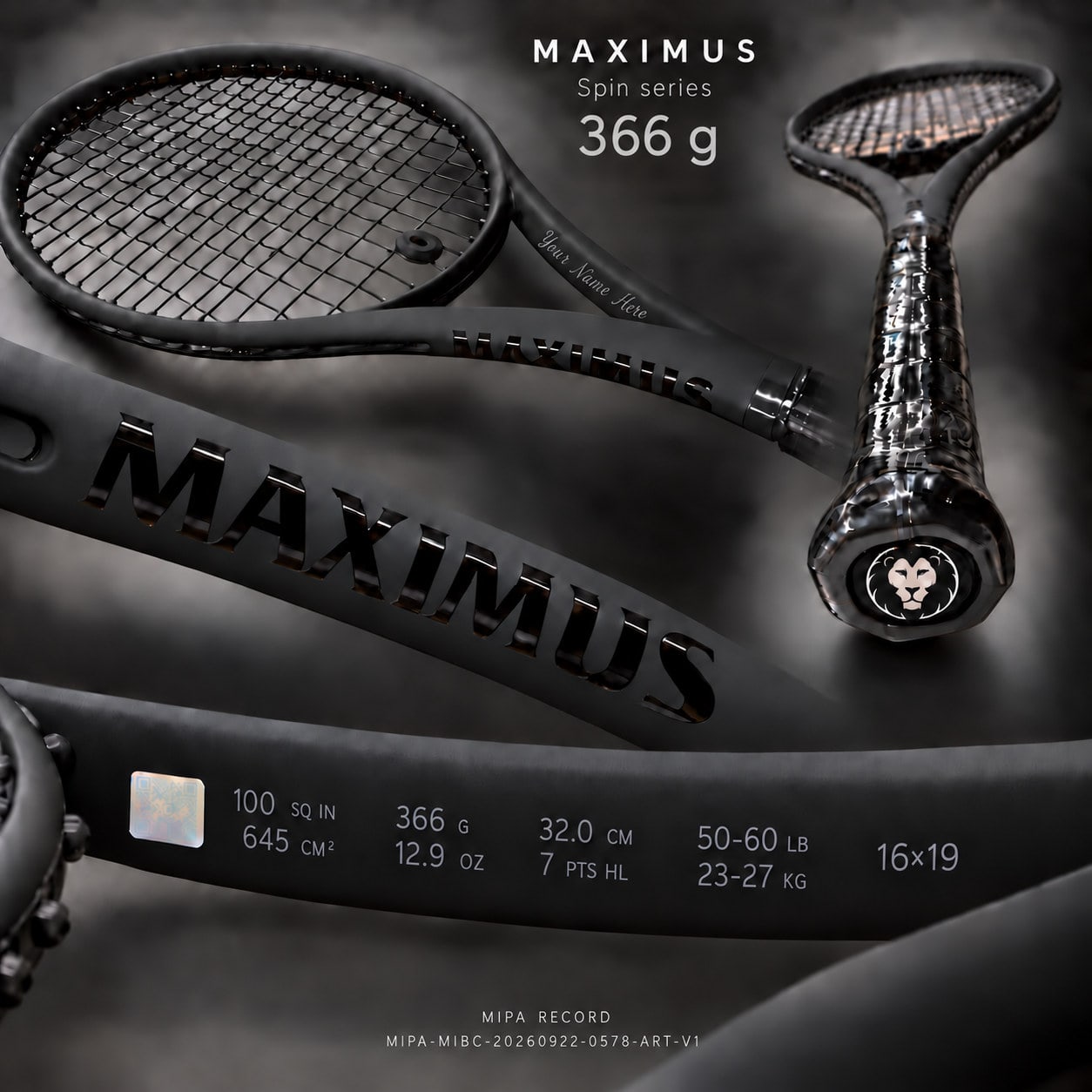 Serie MAXIMUS Spin — 366 g, balance 320 mm: visualización completa con la franja de especificación, la zona de grabado de personalización y la marca MIPA