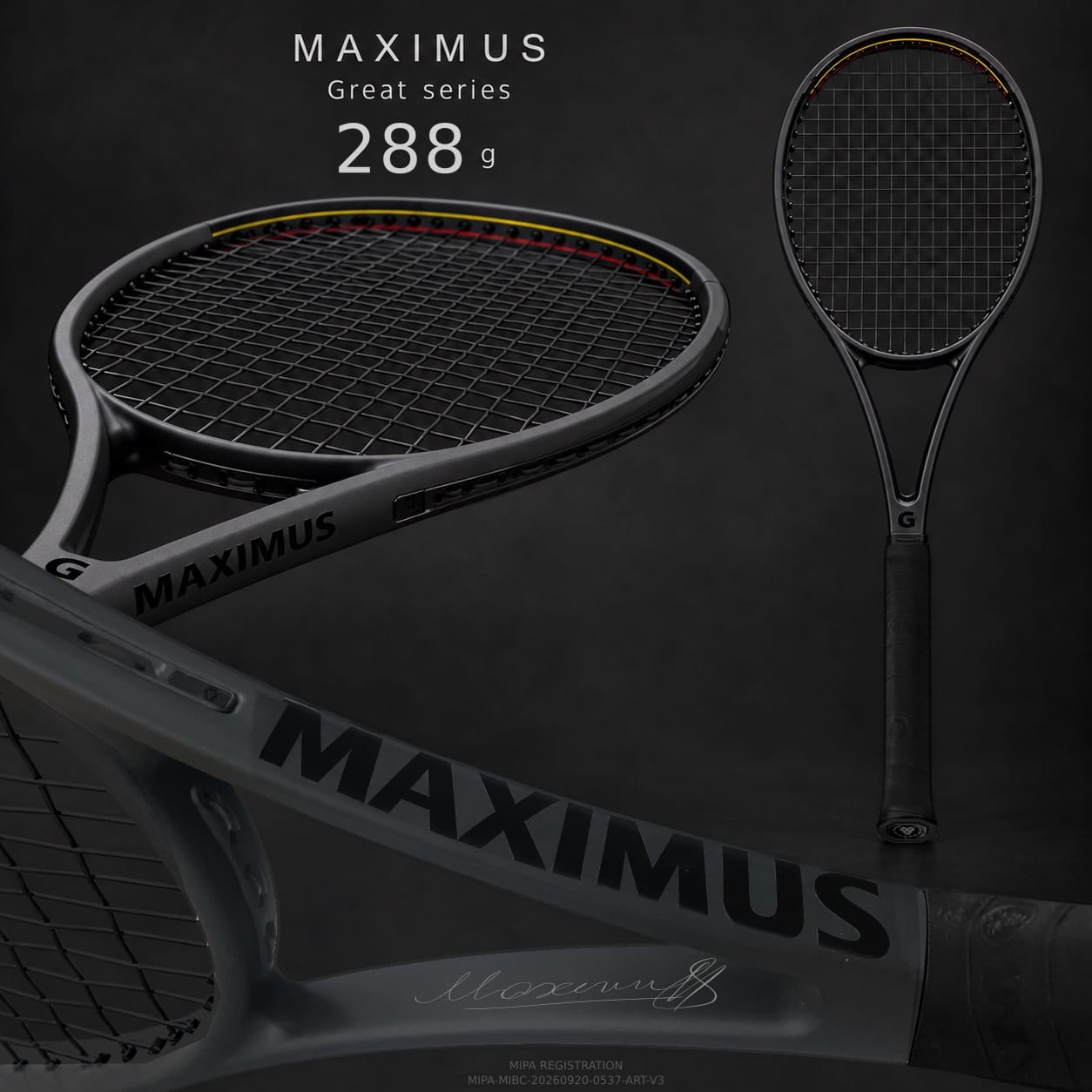 MAXIMUS GREAT: head with strings, gloss MAXIMUS lettering, personalisation engraving, grip, lion butt cap and the G series mark on the throat