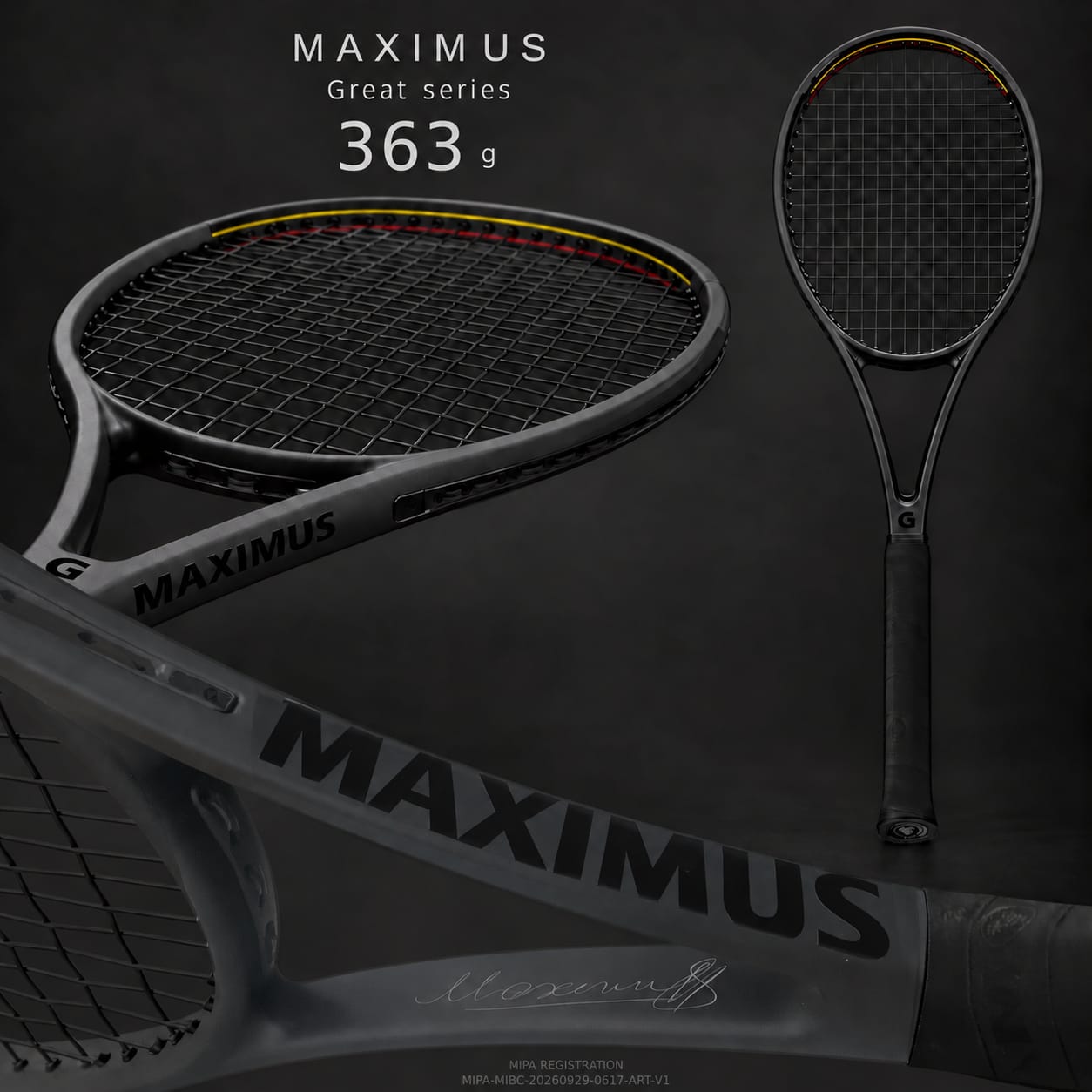 MAXIMUS GREAT series, 363 g: the complete composition with red and yellow head detailing, gloss MAXIMUS lettering, the Maximus autograph on the shaft and the lion butt cap