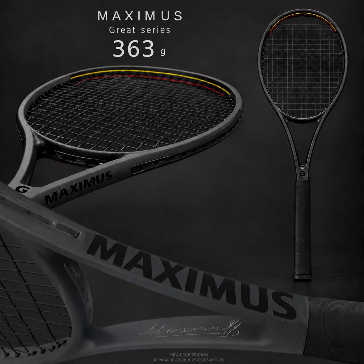 MAXIMUS GREAT series, 363 g: the complete composition with red and yellow head detailing, gloss MAXIMUS lettering, the Maximus autograph on the shaft and the lion mark on the grip