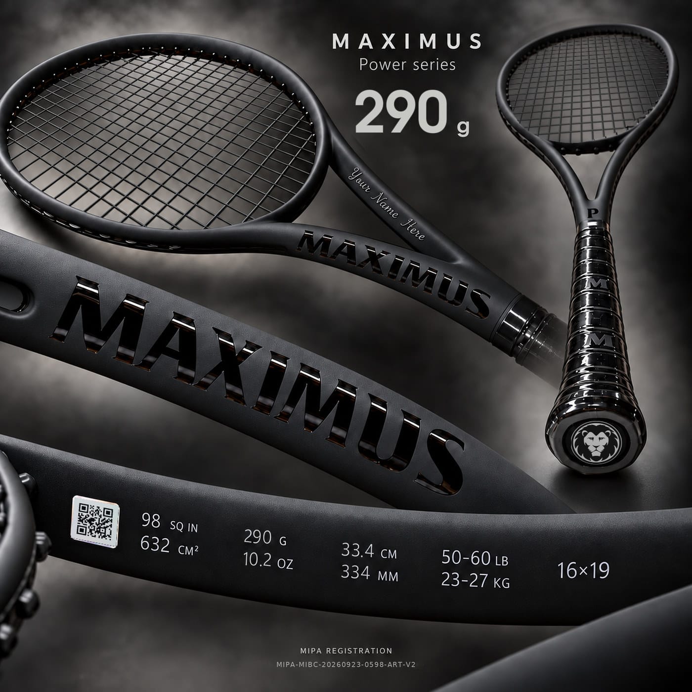 MAXIMUS POWER: head with strings, gloss MAXIMUS lettering, personalisation engraving, grip and lion butt cap