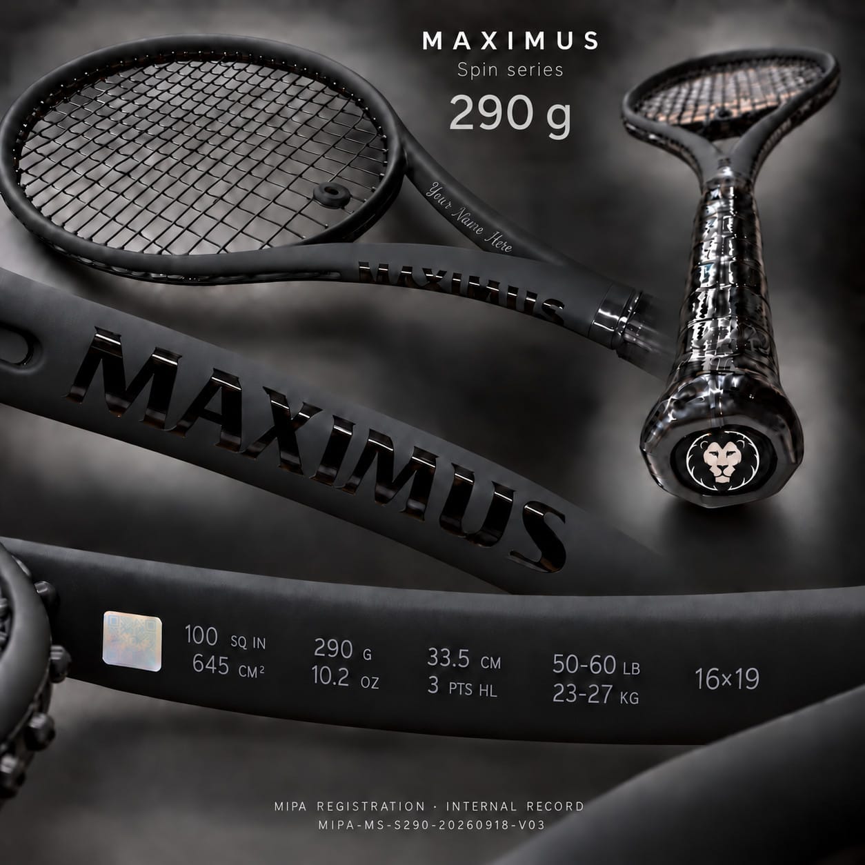 MAXIMUS SPIN: head with strings, gloss MAXIMUS lettering, grip and lion butt cap