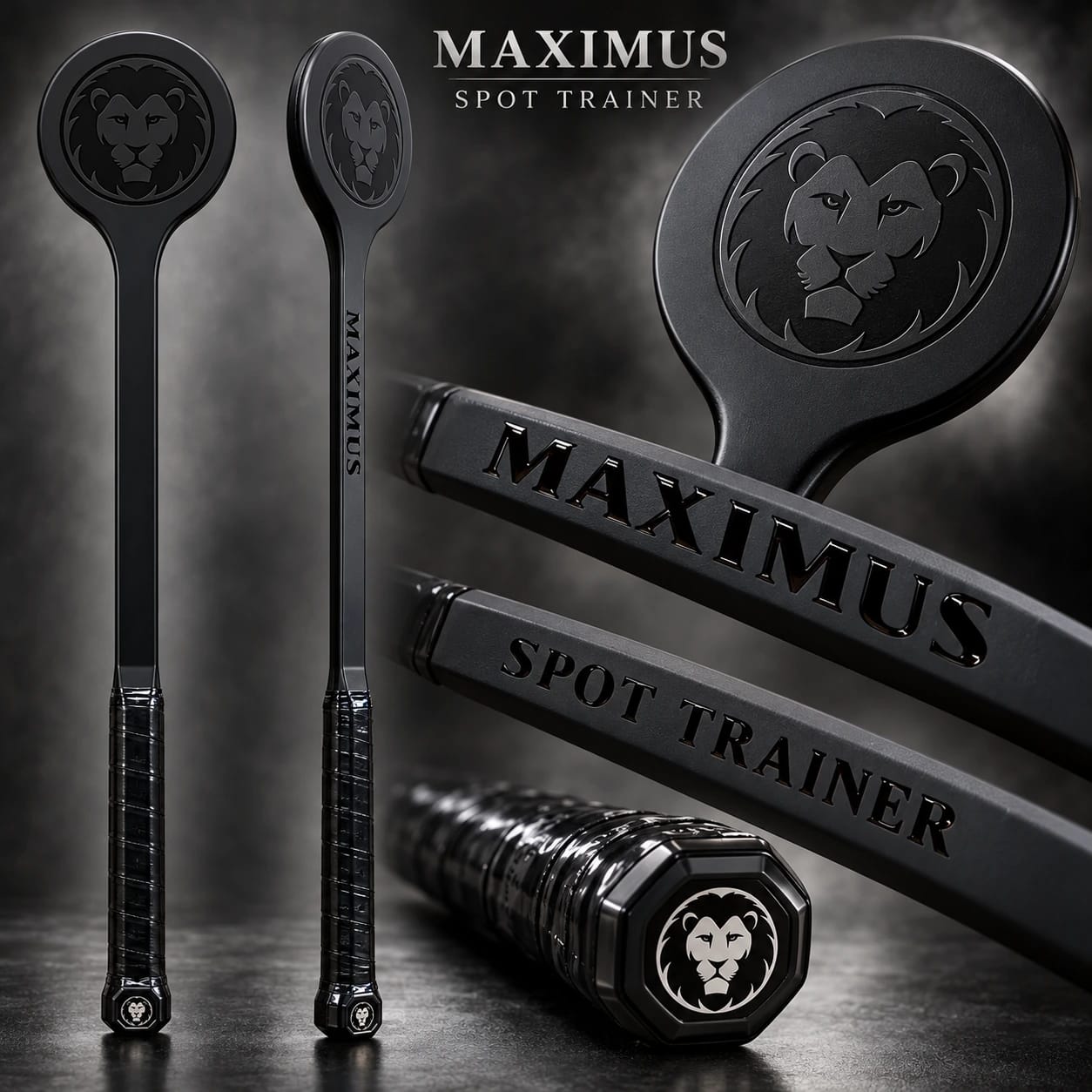MAXIMUS Spot Trainer: an chumadóireacht iomlán — an traenálaí ó thosach agus ó thaobh, rondal greanta an leoin ar an gceann teagmhála cruinn, an greanadh MAXIMUS agus SPOT TRAINER feadh an chrainn, agus an caipín deiridh ochtagánach le marc an leoin