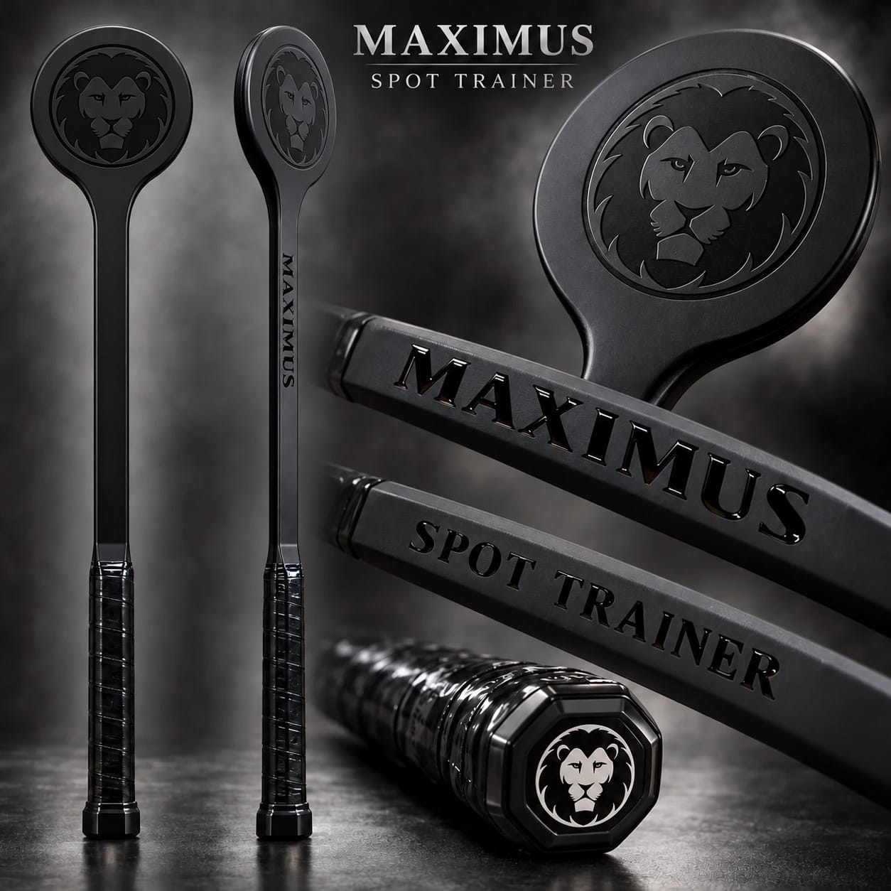 MAXIMUS Spot Trainer: ang buong komposisyon — ang trainer na makikita mula sa harap at gilid, ang inukit na bilog na sagisag ng leon sa bilog na head ng pagtama, ang pag-ukit ng MAXIMUS at SPOT TRAINER sa kahabaan ng tangkay, at ang oktagonal na takip sa dulo ng hawakan na may markang leon